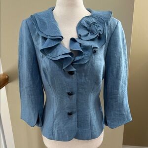 Adrianna Papell Formal Slate Blue Shimmered Ruffle Collar Blouse Top Size 4P EUC